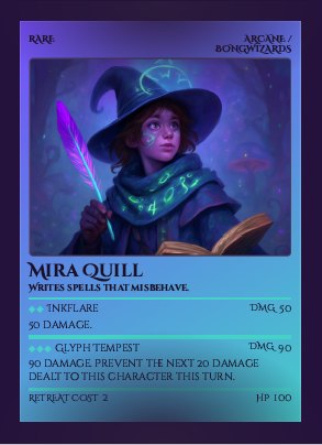 Mira Quill — an AI-generated rare Arcane character card with 100 HP and the Inkflare and Glyph Tempest attacks.