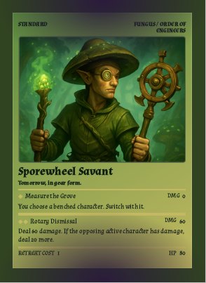 Sporewheel Savant — an AI-generated Fungus / Order of Engineers character card with 80 HP and the Measure the Grove and Rotary Dismissal attacks.