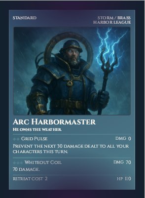 Arc Harbormaster — an AI-generated Storm / Brass Harbor League character card with 110 HP and the Grid Pulse and Whiteout Coil attacks.