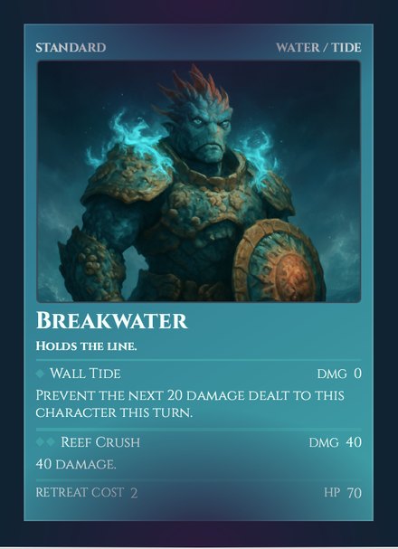 Breakwater — an AI-generated Water / Tide character card with 70 HP and the Wall Tide and Reef Crush attacks.