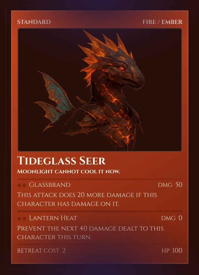 Tideglass Seer — a Standard Fire/Ember creature card, HP 100.