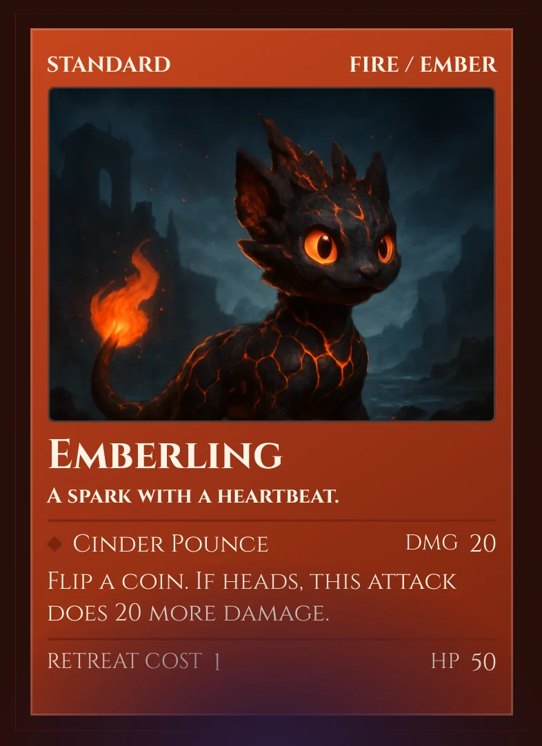 Emberling — a Standard Fire/Ember creature card, HP 50, with the Cinder Pounce attack.
