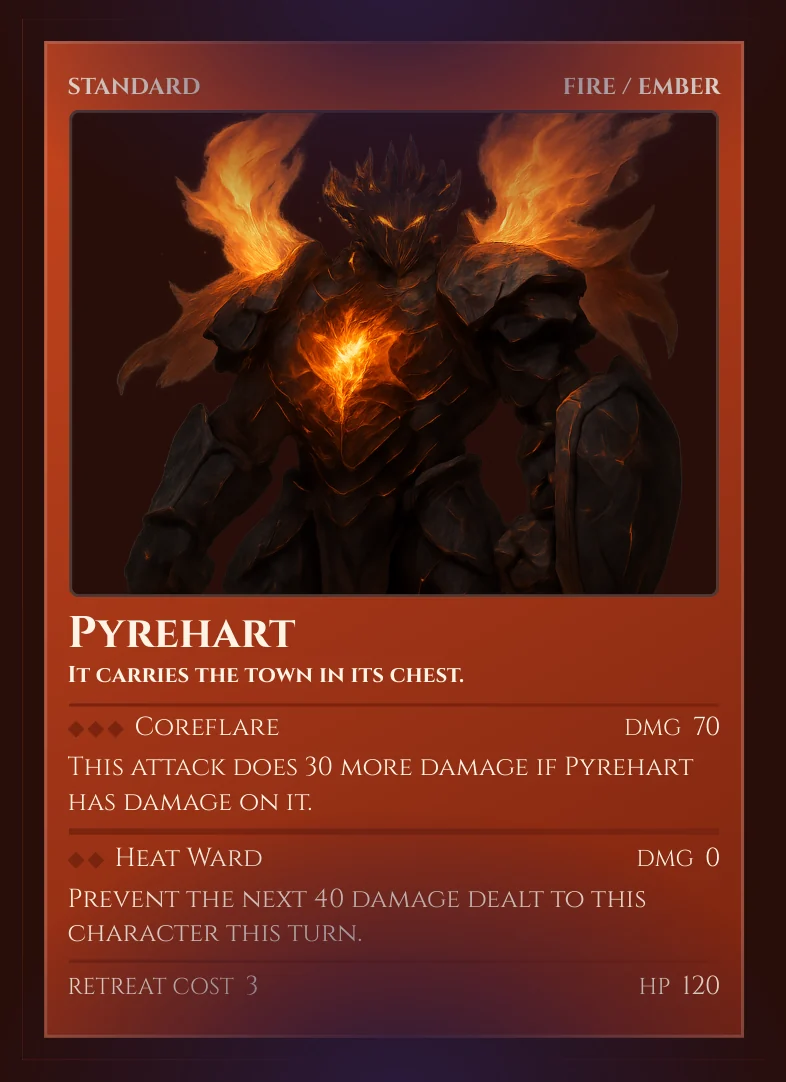 Pyrehart — a Standard Fire/Ember creature card, HP 120, with the Coreflare attack.