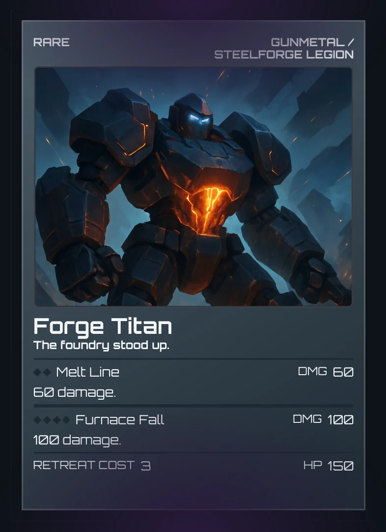 Forge Titan — a Steelforge Legion war machine, HP 130, with the Furnace Fall attack.