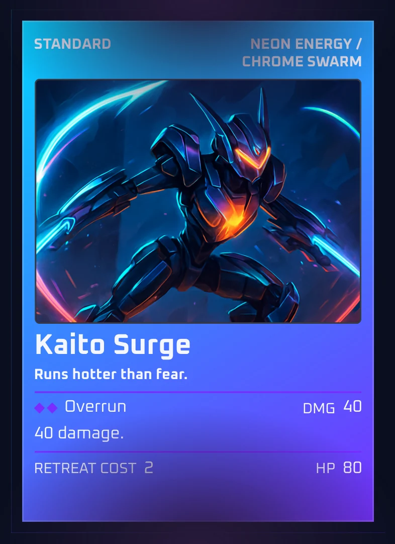 Kaito Surge — a Chrome Swarm mech, HP 80, with the Overrun attack.