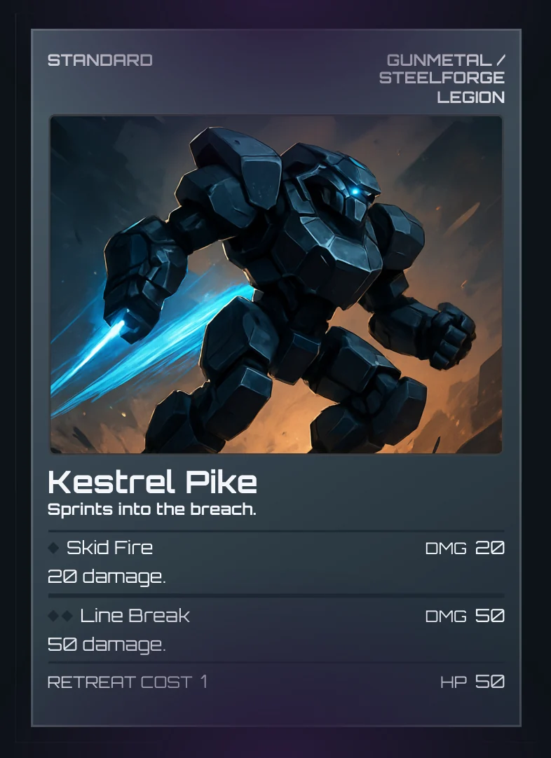 Kestrel Pike — a Steelforge Legion mech, HP 90, with the Skid Fire attack.
