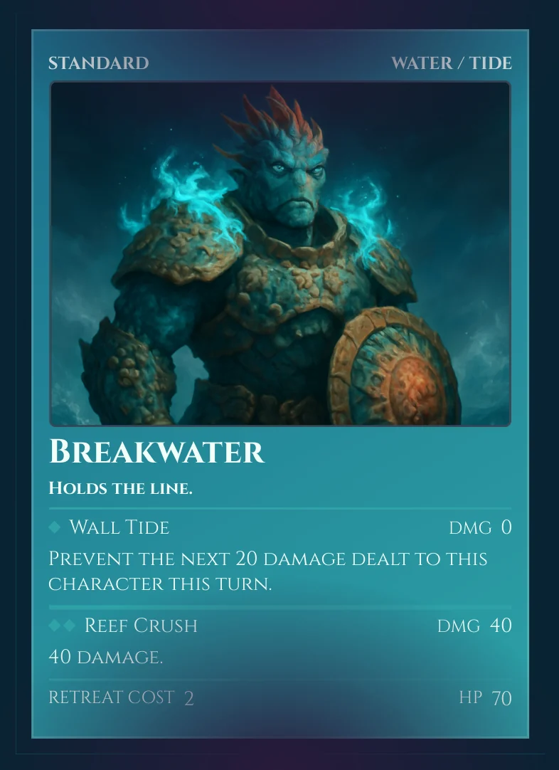 Breakwater — a Standard Water/Tide creature card, HP 70, with the Wall Tide and Reef Crush attacks.