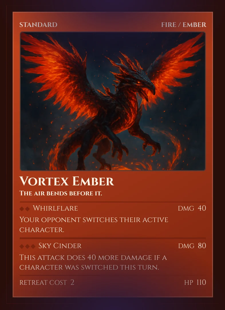 Vortex Ember — a Standard Fire/Ember phoenix creature card, HP 110, with the Whirlflare and Sky Cinder attacks.