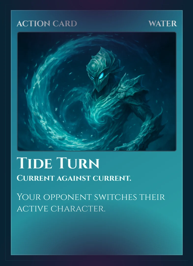 Tide Turn — a Water Action card that switches the opponent’s active character.