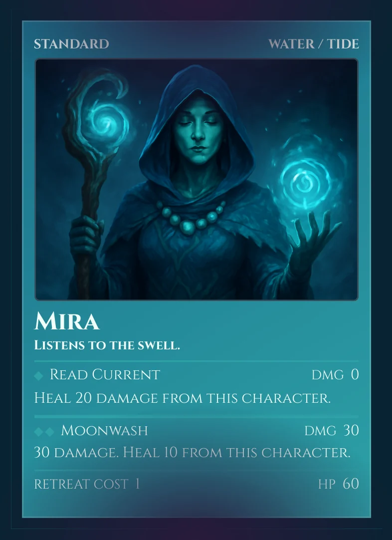 Mira — a Standard Water/Tide creature card, HP 60, with the Read Current and Moonwash attacks.