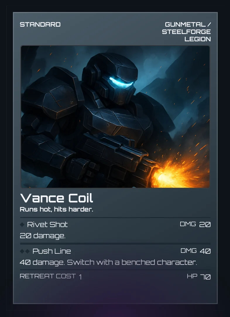 Vance Coil — a Steelforge Legion mech, HP 90, with the Rivet Shot and Push Line attacks.