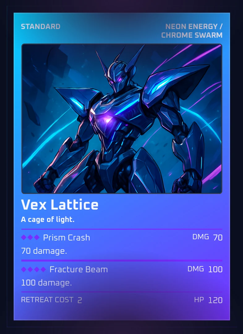 Vex Lattice — a Chrome Swarm mech, HP 120, with the Prism Crash and Fracture Bloom attacks.