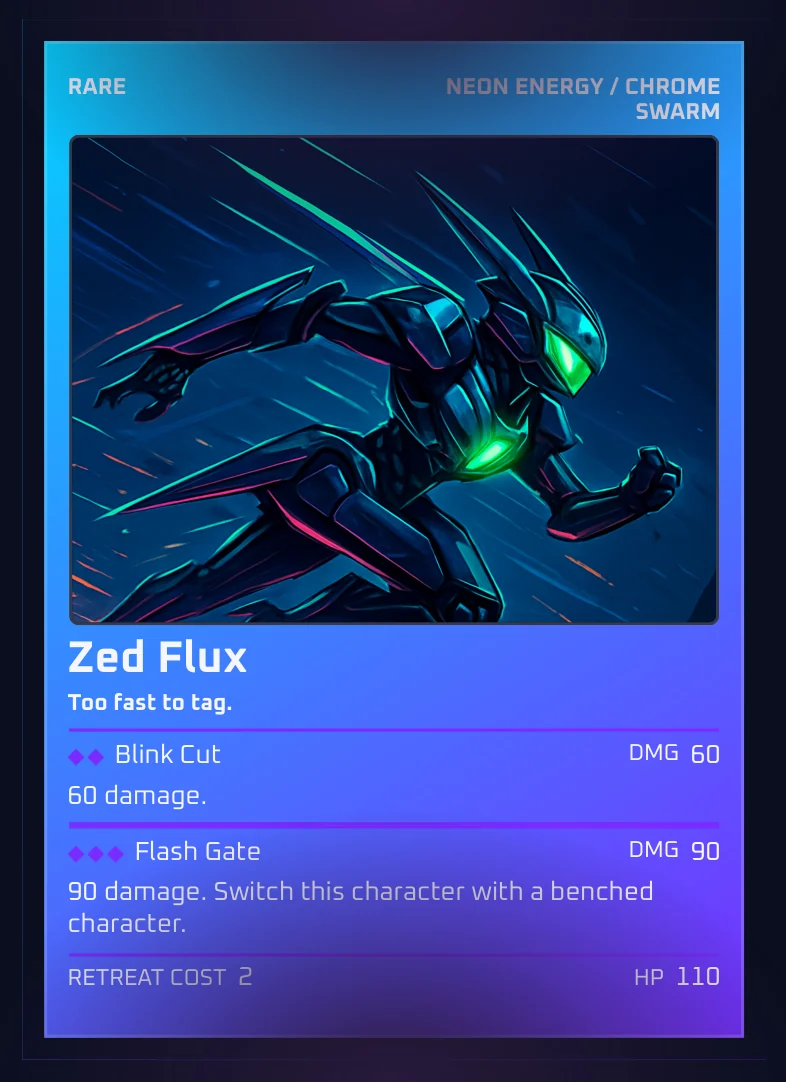 Zed Flux — a Chrome Swarm mech, HP 90, with the Brim Cut and Flash Gate attacks.